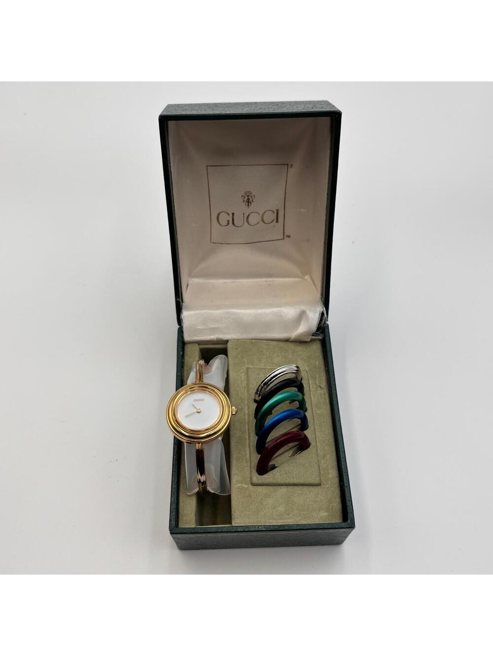Gucci Gold Tone Interchangeable Bezel Bangle Watch Set - Picture 2 of 13